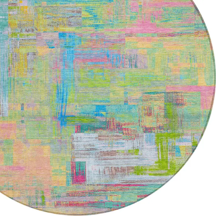 8' Pink Key Lime And Sky Blue Round Abstract Washable Indoor Outdoor Area Rug
