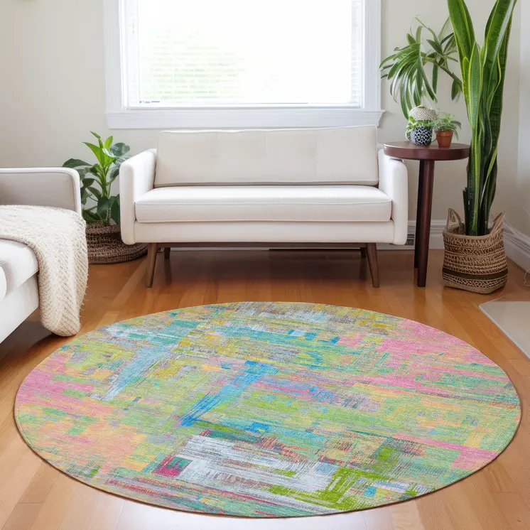 8' Pink Key Lime And Sky Blue Round Abstract Washable Indoor Outdoor Area Rug