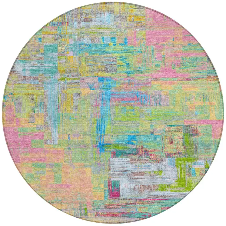 8' Pink Key Lime And Sky Blue Round Abstract Washable Indoor Outdoor Area Rug
