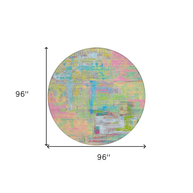 8' Pink Key Lime And Sky Blue Round Abstract Washable Indoor Outdoor Area Rug