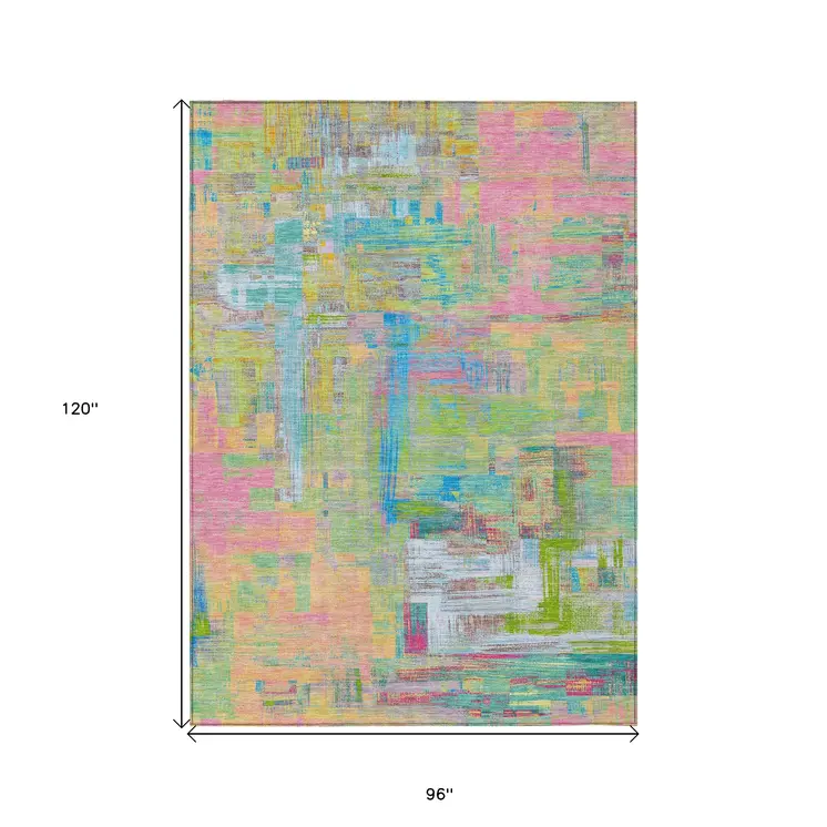 8' X 10' Pink Key Lime And Sky Blue Abstract Washable Indoor Outdoor Area Rug