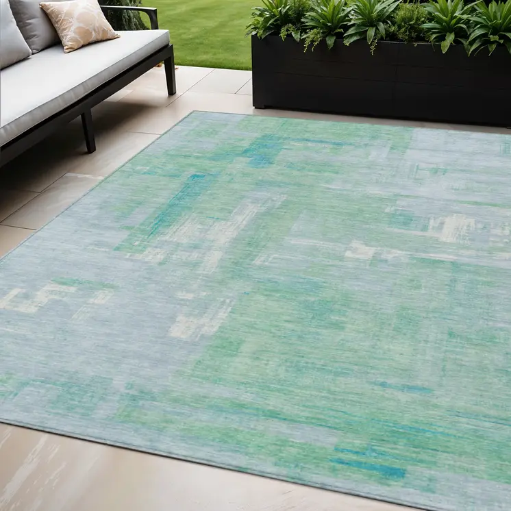 5' X 8' Sky Blue And Blue Abstract Washable Indoor Outdoor Area Rug