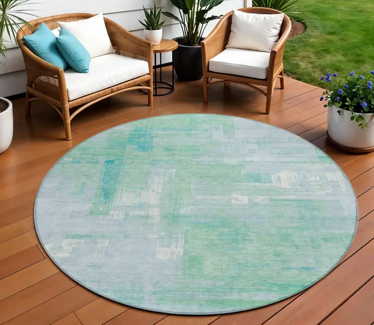 8' Sky Blue And Blue Round Abstract Washable Indoor Outdoor Area Rug