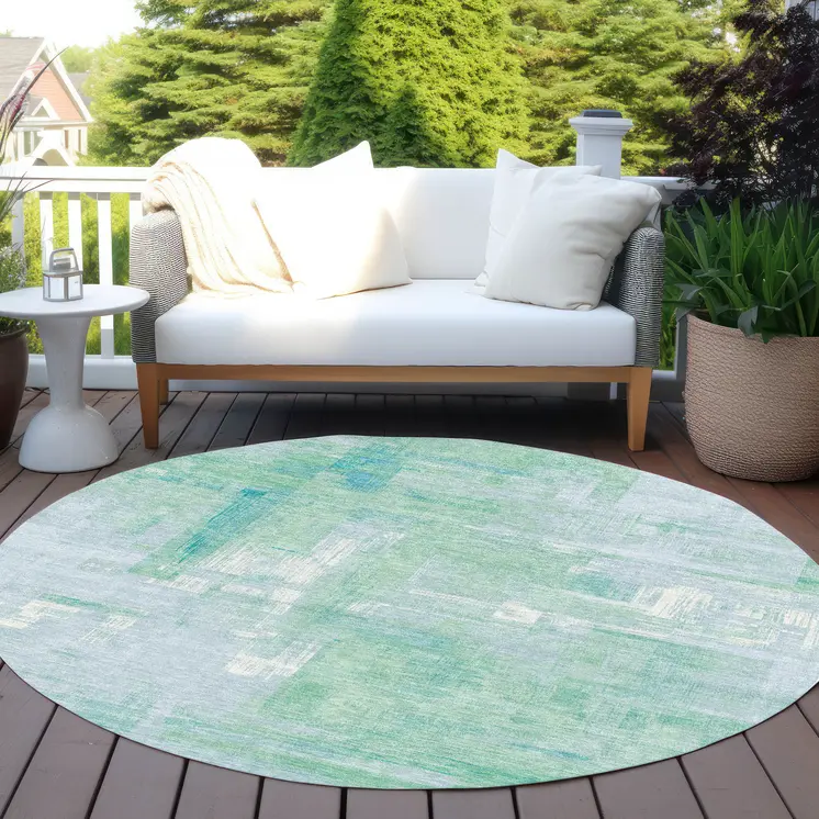 8' Sky Blue And Blue Round Abstract Washable Indoor Outdoor Area Rug
