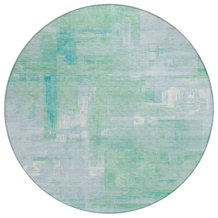 8' Sky Blue And Blue Round Abstract Washable Indoor Outdoor Area Rug