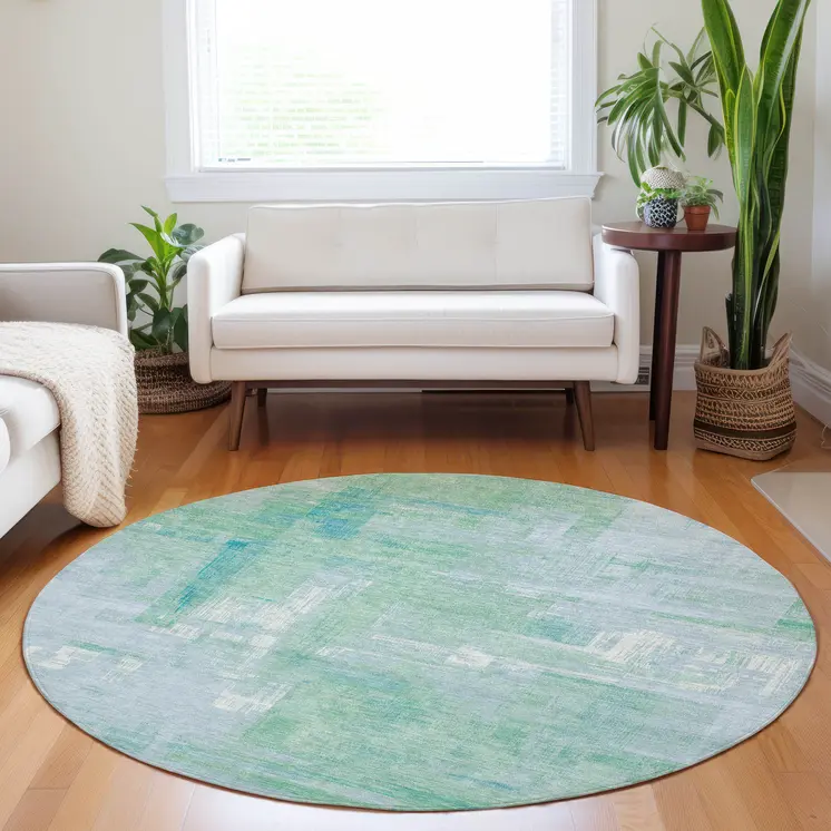 8' Sky Blue And Blue Round Abstract Washable Indoor Outdoor Area Rug