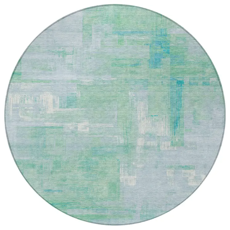 8' Sky Blue And Blue Round Abstract Washable Indoor Outdoor Area Rug