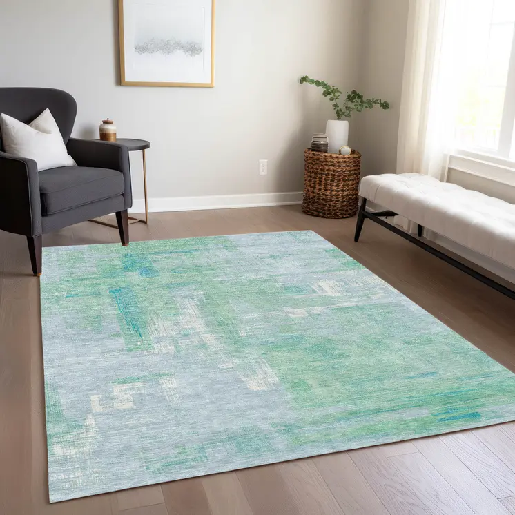 9' X 12' Sky Blue And Blue Abstract Washable Indoor Outdoor Area Rug