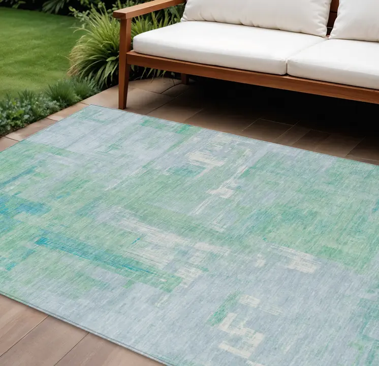 10' X 14' Sky Blue And Blue Abstract Washable Indoor Outdoor Area Rug