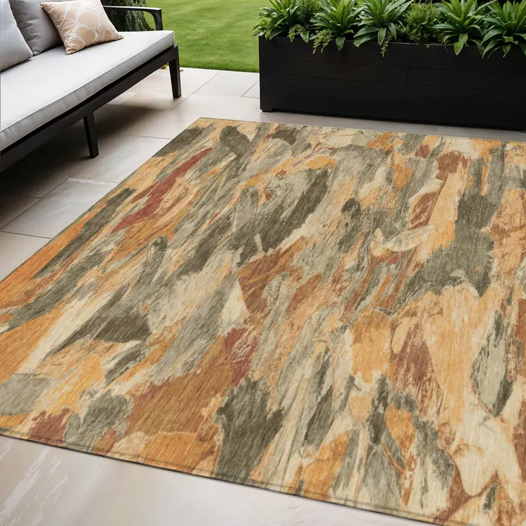 5' X 8' Copper And Orange Abstract Washable Indoor Outdoor Area Rug