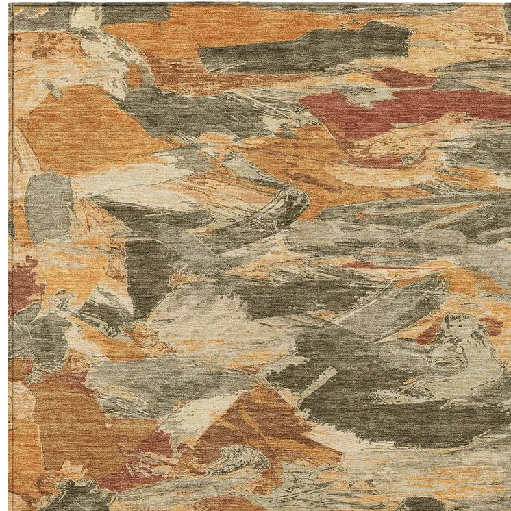 5' X 8' Copper And Orange Abstract Washable Indoor Outdoor Area Rug