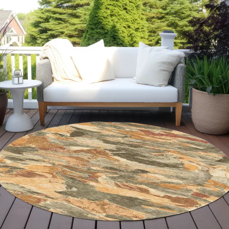 8' Copper And Orange Round Abstract Washable Indoor Outdoor Area Rug