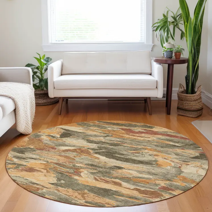 8' Copper And Orange Round Abstract Washable Indoor Outdoor Area Rug