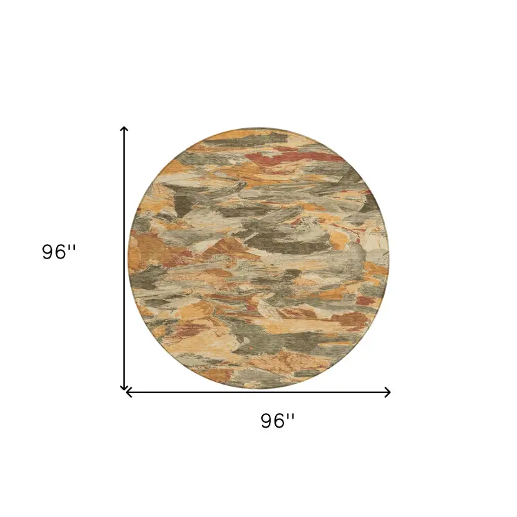 8' Copper And Orange Round Abstract Washable Indoor Outdoor Area Rug
