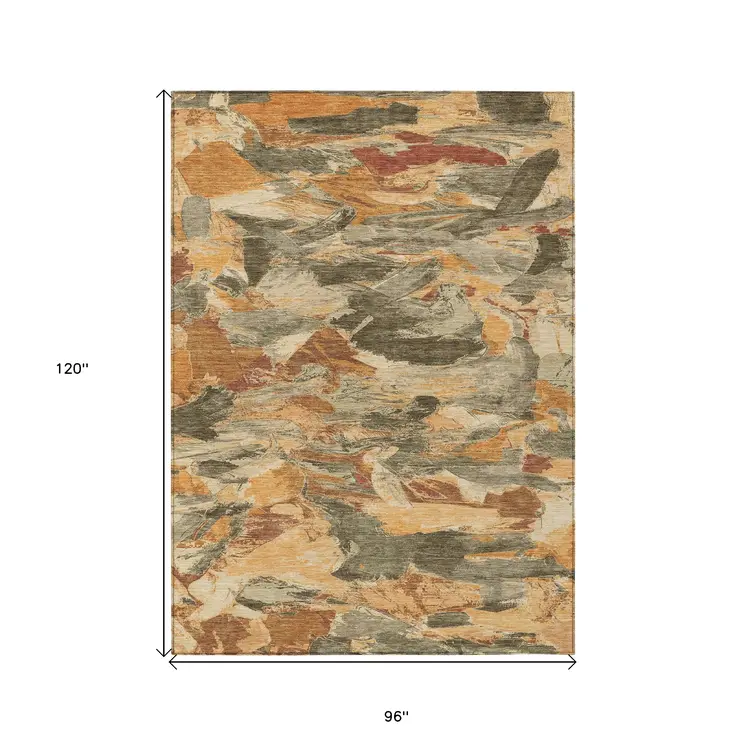 8' X 10' Copper And Orange Abstract Washable Indoor Outdoor Area Rug