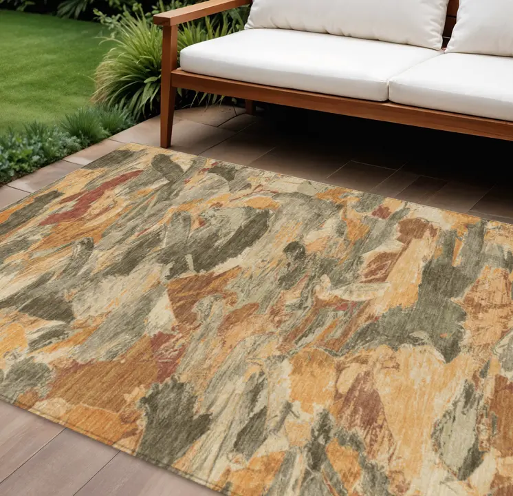 8' X 10' Copper And Orange Abstract Washable Indoor Outdoor Area Rug