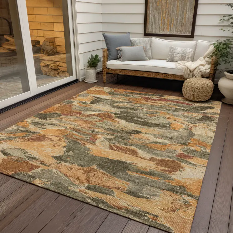8' X 10' Copper And Orange Abstract Washable Indoor Outdoor Area Rug