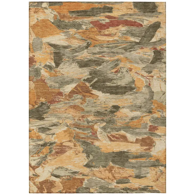 8' X 10' Copper And Orange Abstract Washable Indoor Outdoor Area Rug
