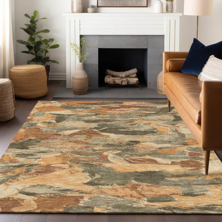 8' X 10' Copper And Orange Abstract Washable Indoor Outdoor Area Rug
