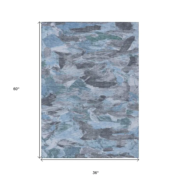 3' X 5' Denim Blue And Blue Abstract Washable Indoor Outdoor Area Rug