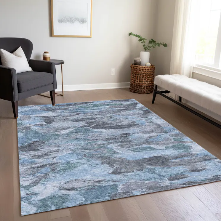 3' X 5' Denim Blue And Blue Abstract Washable Indoor Outdoor Area Rug