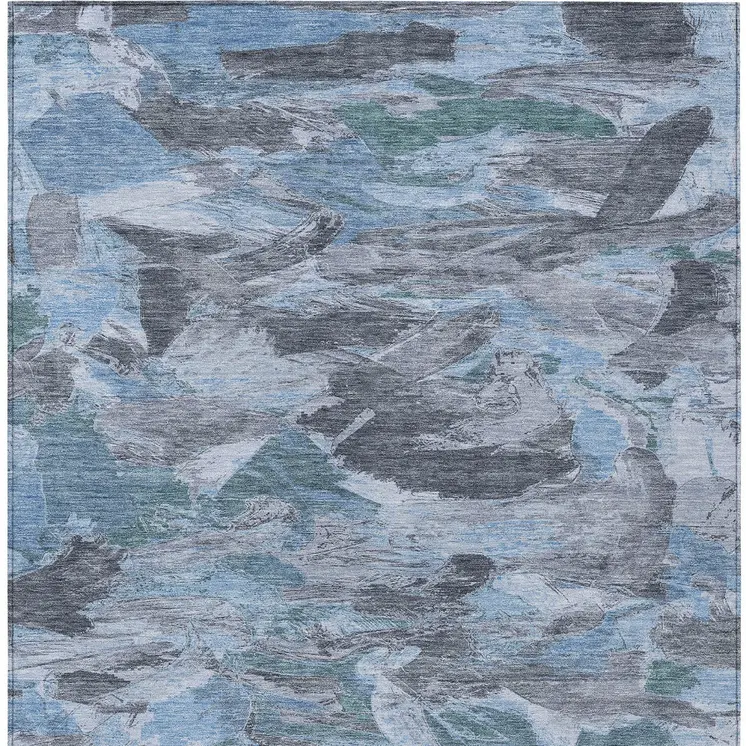 5' X 8' Denim Blue And Blue Abstract Washable Indoor Outdoor Area Rug