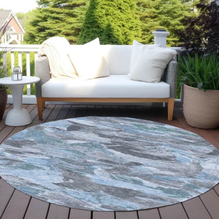 8' Denim Blue And Blue Round Abstract Washable Indoor Outdoor Area Rug