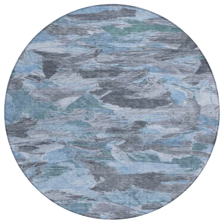 8' Denim Blue And Blue Round Abstract Washable Indoor Outdoor Area Rug