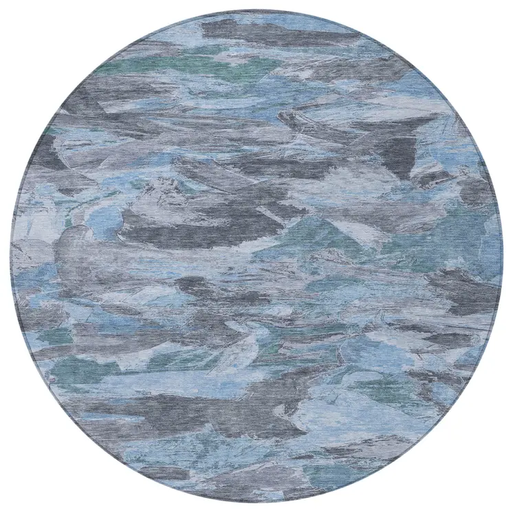 8' Denim Blue And Blue Round Abstract Washable Indoor Outdoor Area Rug