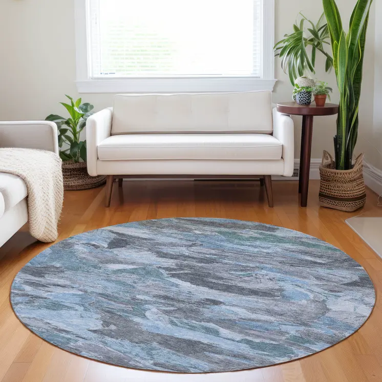 8' Denim Blue And Blue Round Abstract Washable Indoor Outdoor Area Rug