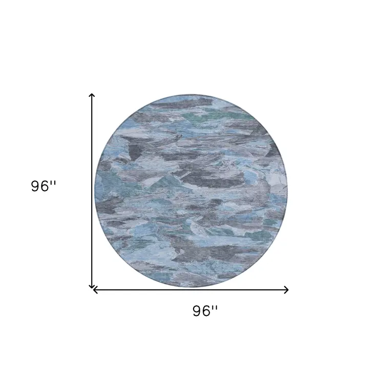 8' Denim Blue And Blue Round Abstract Washable Indoor Outdoor Area Rug
