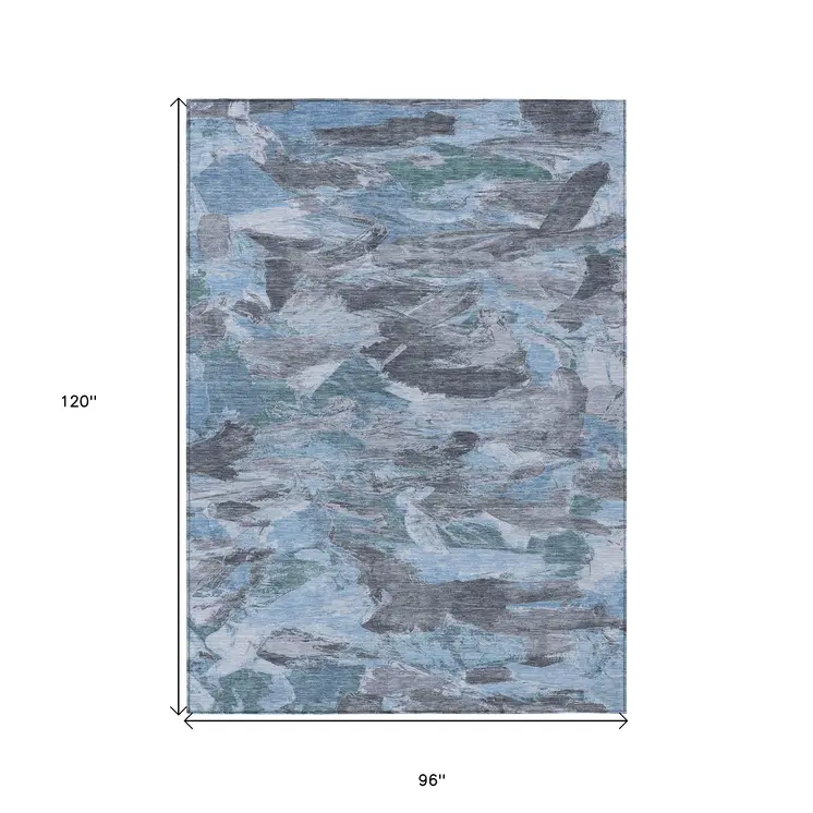8' X 10' Denim Blue And Blue Abstract Washable Indoor Outdoor Area Rug