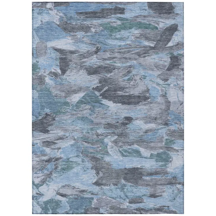 8' X 10' Denim Blue And Blue Abstract Washable Indoor Outdoor Area Rug