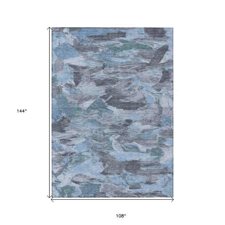 9' X 12' Denim Blue And Blue Abstract Washable Indoor Outdoor Area Rug