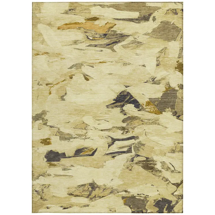 3' X 5' Gold And Beige Abstract Washable Indoor Outdoor Area Rug
