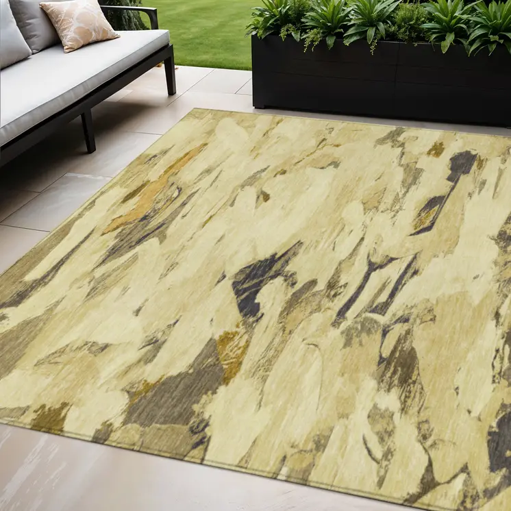 5' X 8' Gold And Beige Abstract Washable Indoor Outdoor Area Rug