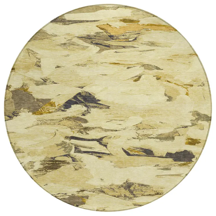 8' Gold And Beige Round Abstract Washable Indoor Outdoor Area Rug
