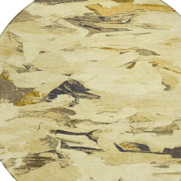 8' Gold And Beige Round Abstract Washable Indoor Outdoor Area Rug