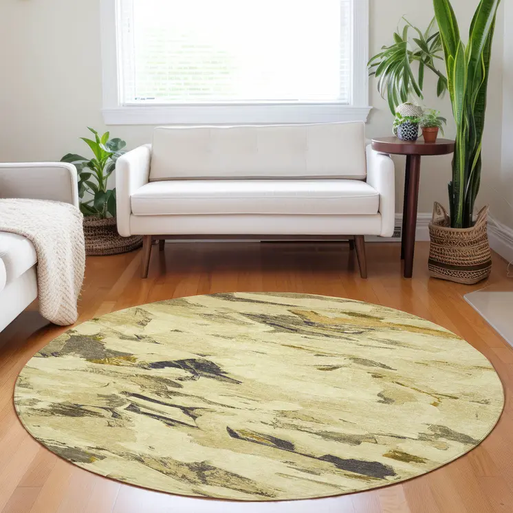 8' Gold And Beige Round Abstract Washable Indoor Outdoor Area Rug