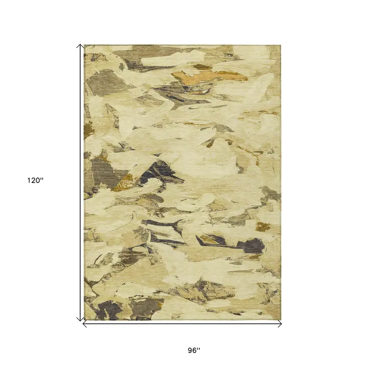 8' X 10' Gold And Beige Abstract Washable Indoor Outdoor Area Rug