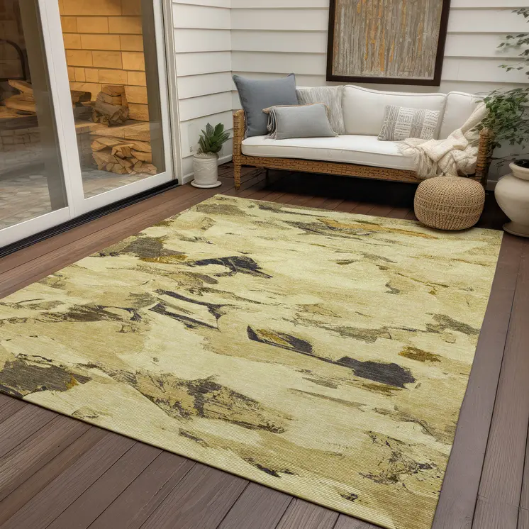 8' X 10' Gold And Beige Abstract Washable Indoor Outdoor Area Rug