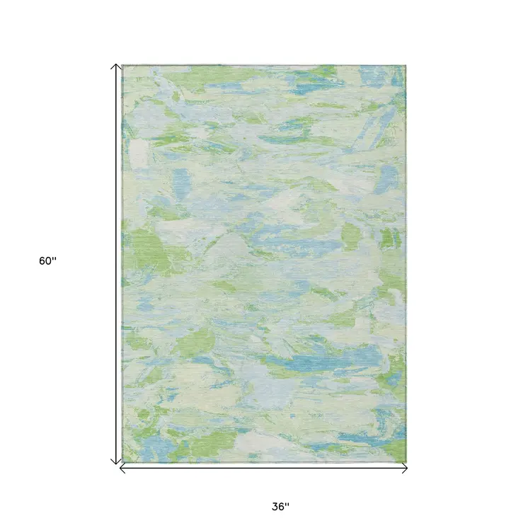 3' X 5' Mint Green And Blue Abstract Washable Indoor Outdoor Area Rug