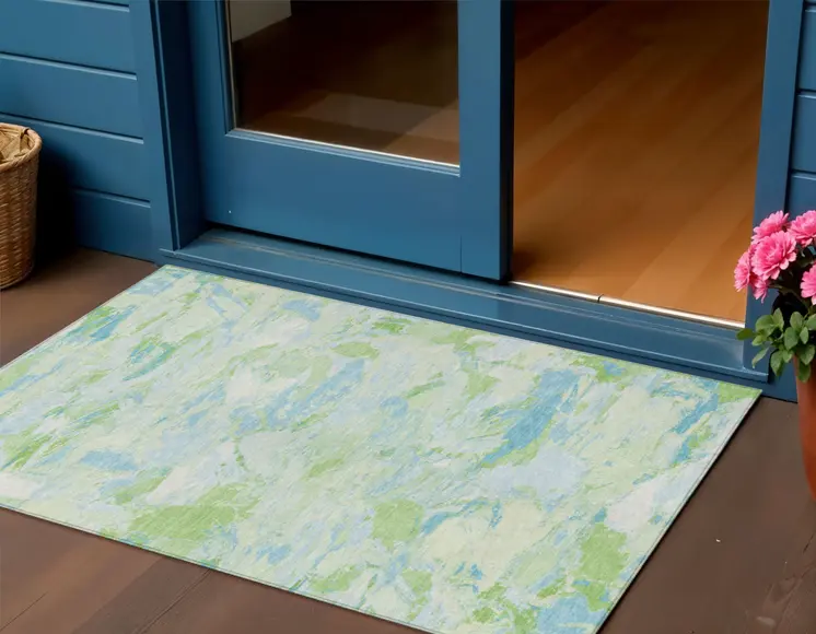 3' X 5' Mint Green And Blue Abstract Washable Indoor Outdoor Area Rug