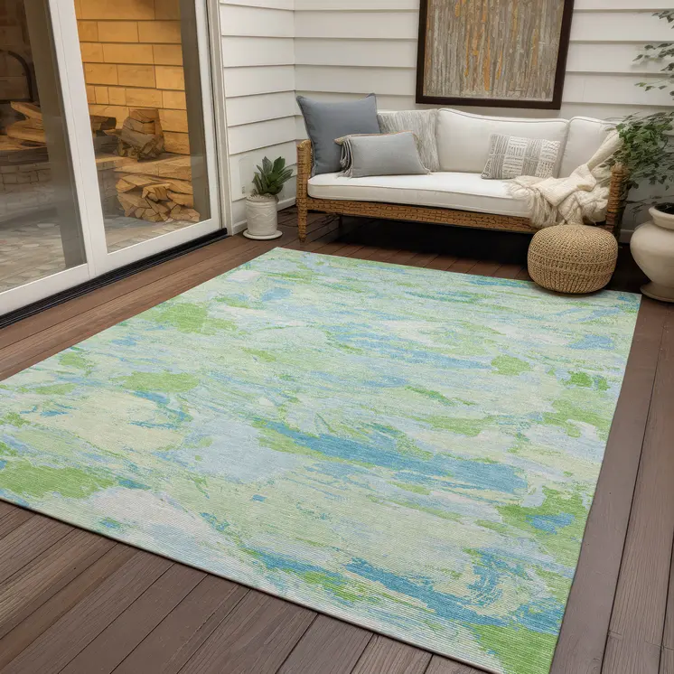 3' X 5' Mint Green And Blue Abstract Washable Indoor Outdoor Area Rug