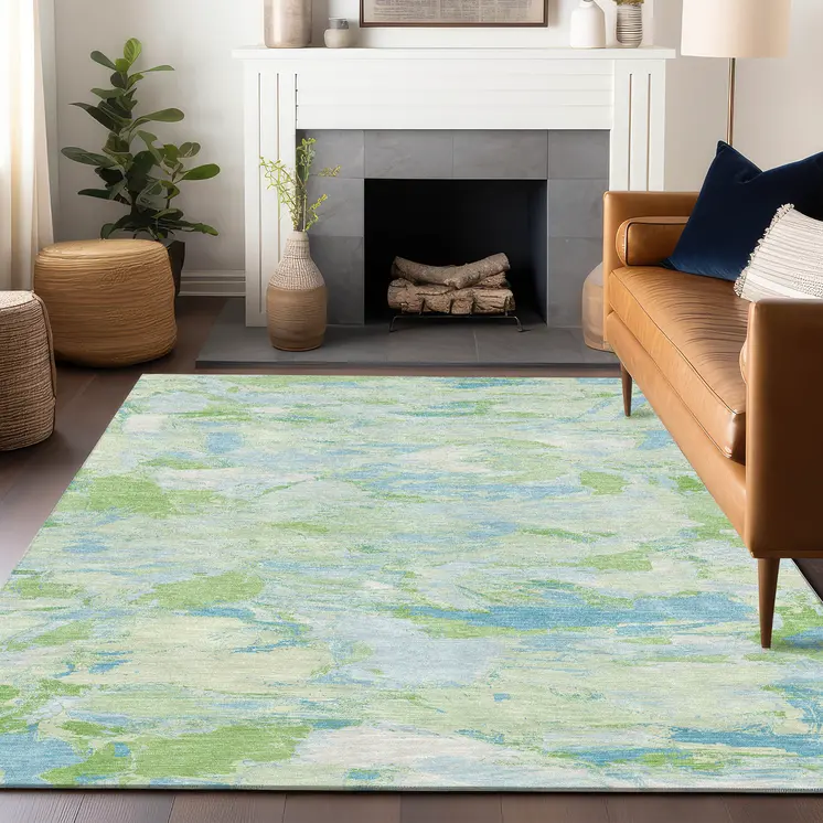 3' X 5' Mint Green And Blue Abstract Washable Indoor Outdoor Area Rug