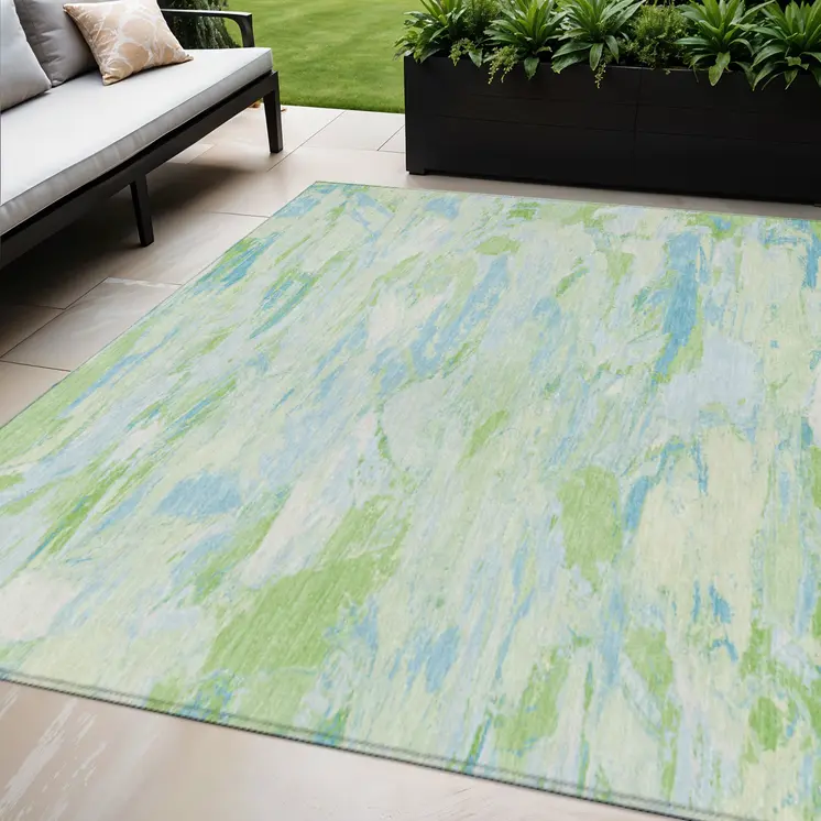 5' X 8' Mint Green And Blue Abstract Washable Indoor Outdoor Area Rug