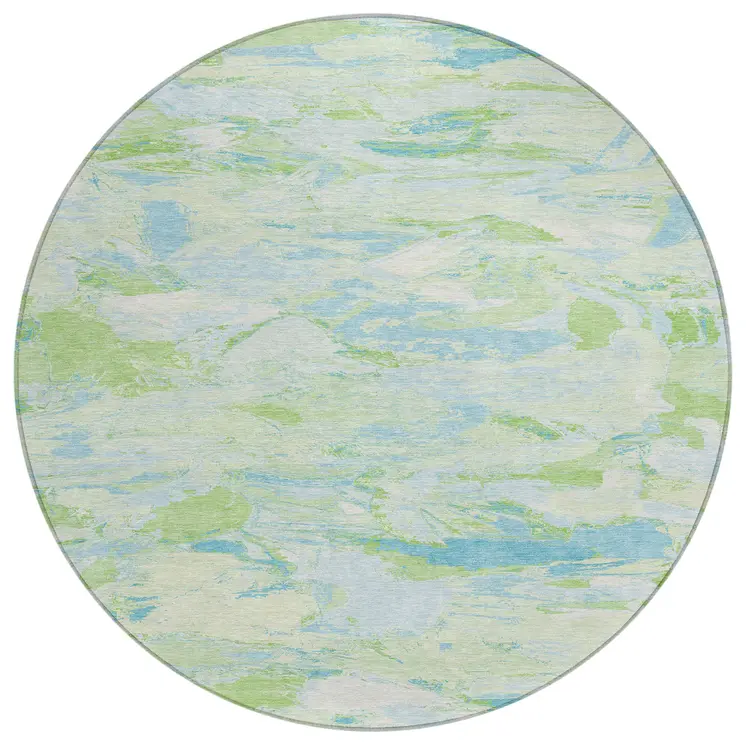 8' Mint Green And Blue Round Abstract Washable Indoor Outdoor Area Rug