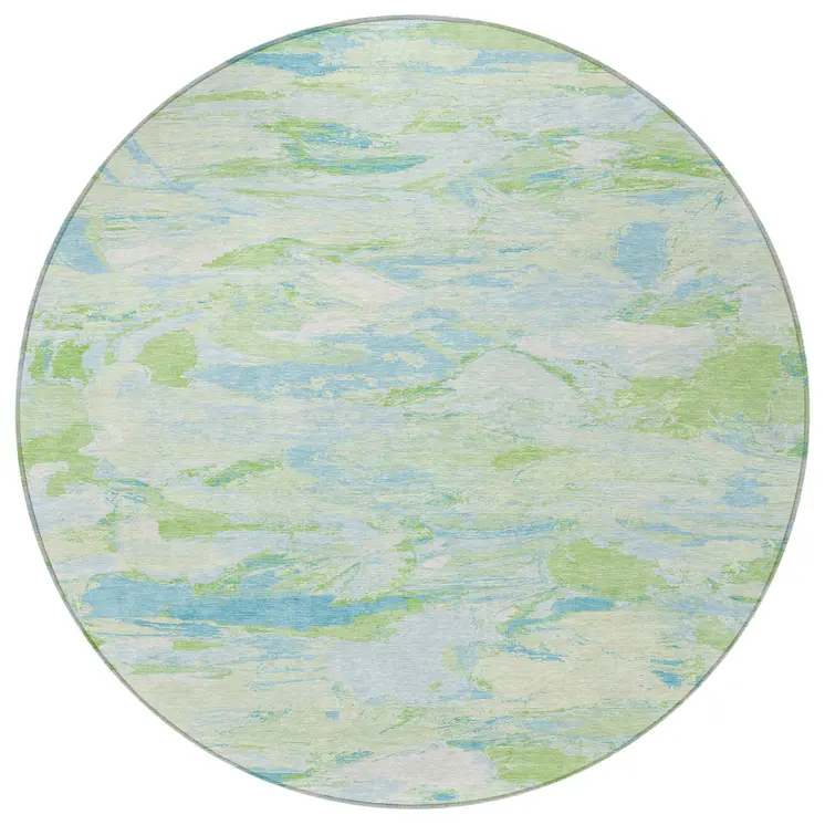 8' Mint Green And Blue Round Abstract Washable Indoor Outdoor Area Rug