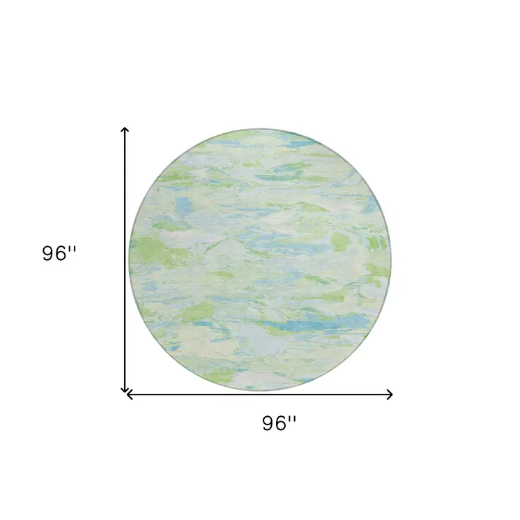 8' Mint Green And Blue Round Abstract Washable Indoor Outdoor Area Rug