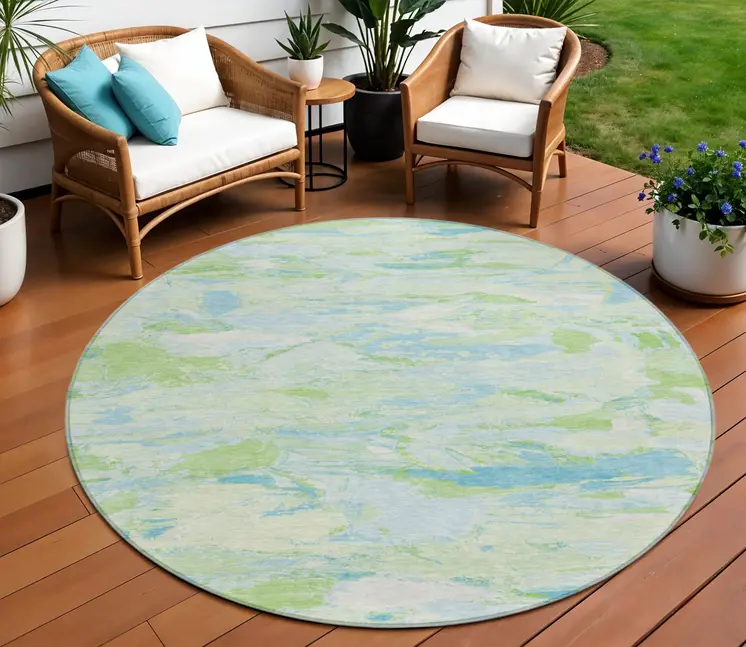 8' Mint Green And Blue Round Abstract Washable Indoor Outdoor Area Rug
